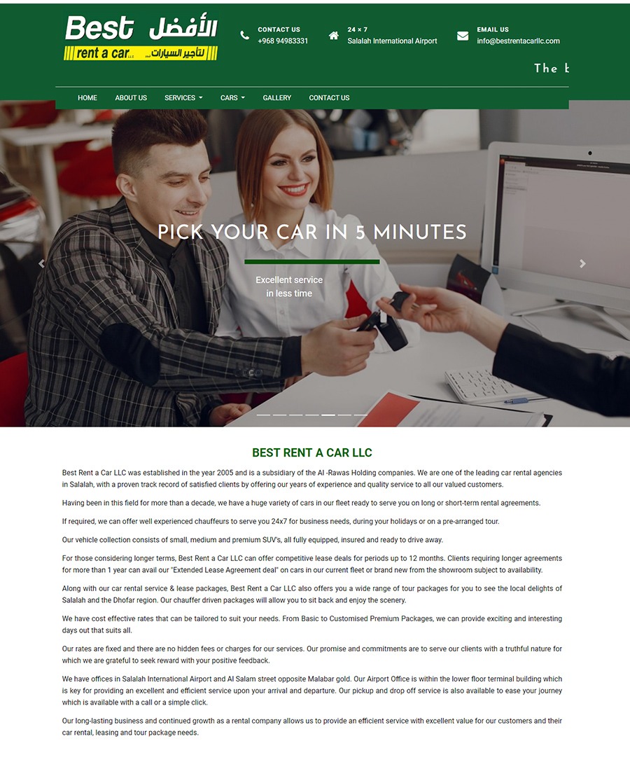 website developed for Rent a car services in Salalah international airport Oman