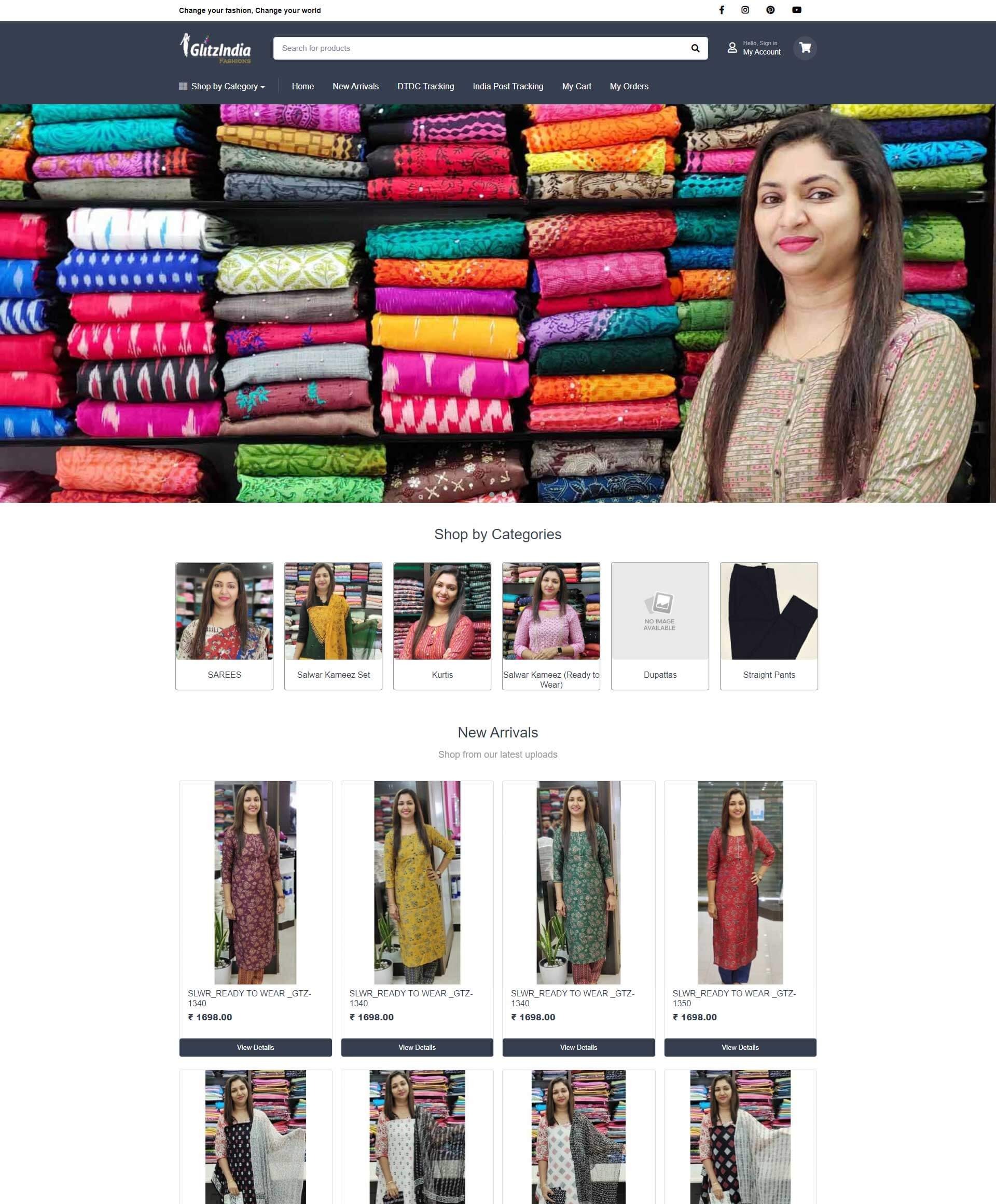 website developed for GlitzIndia FASHIONS with a sheer passion for fashion and trends in Alappuzha
