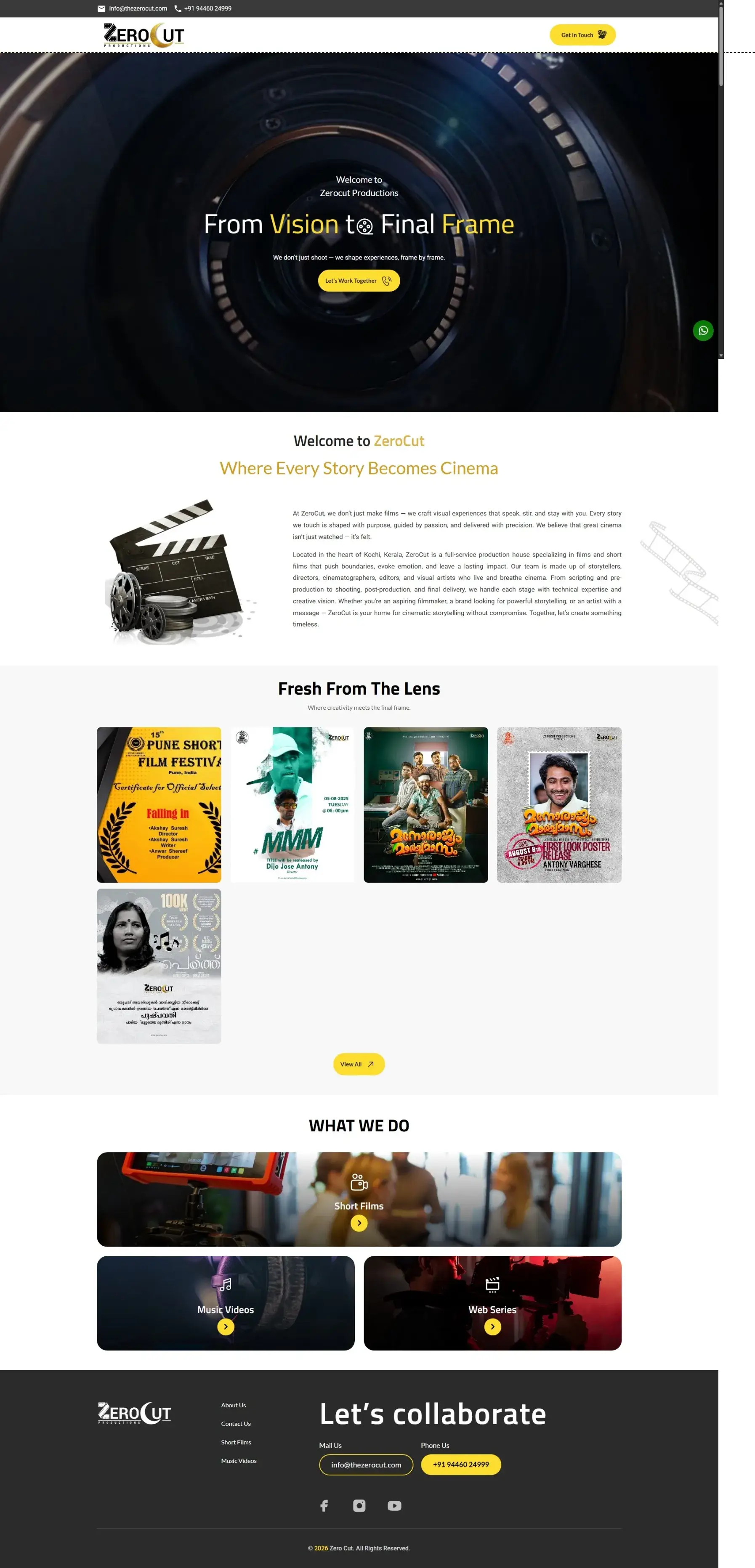 Website developed for Zerocut Productions