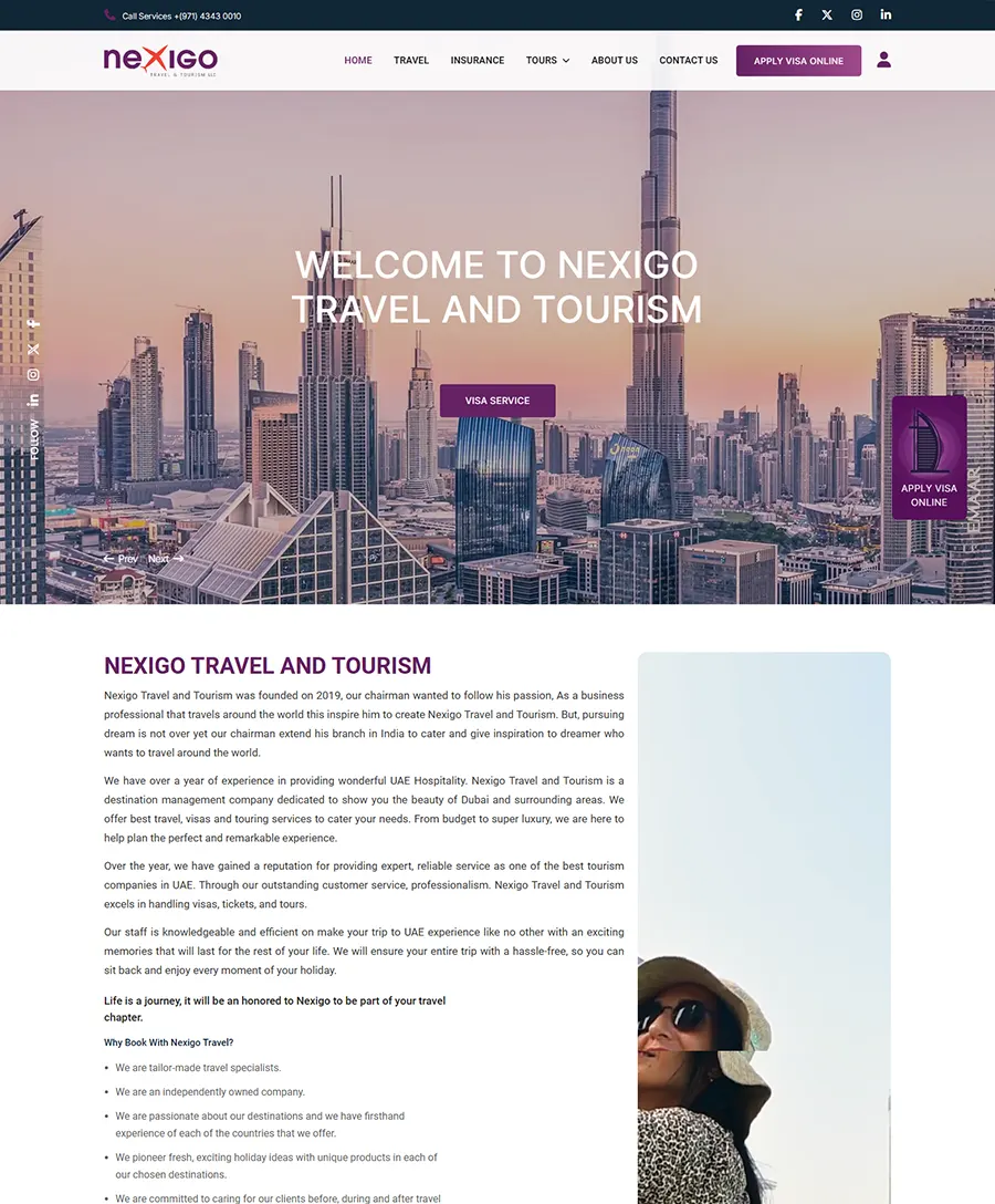 Website developed for NEXIGO TRAVEL AND TOURISM